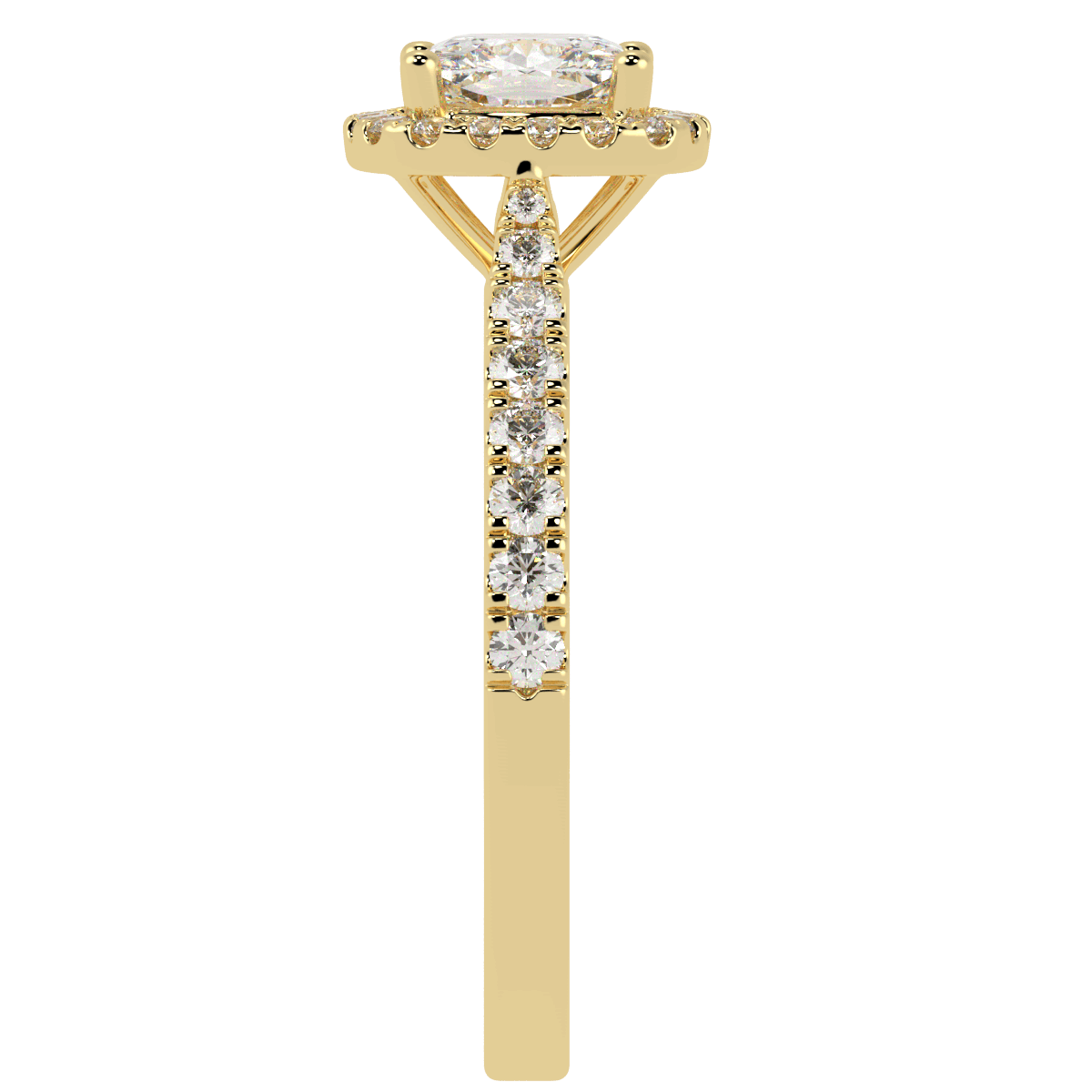 Classic Cushion Cut Halo Ring in yellow gold, side view