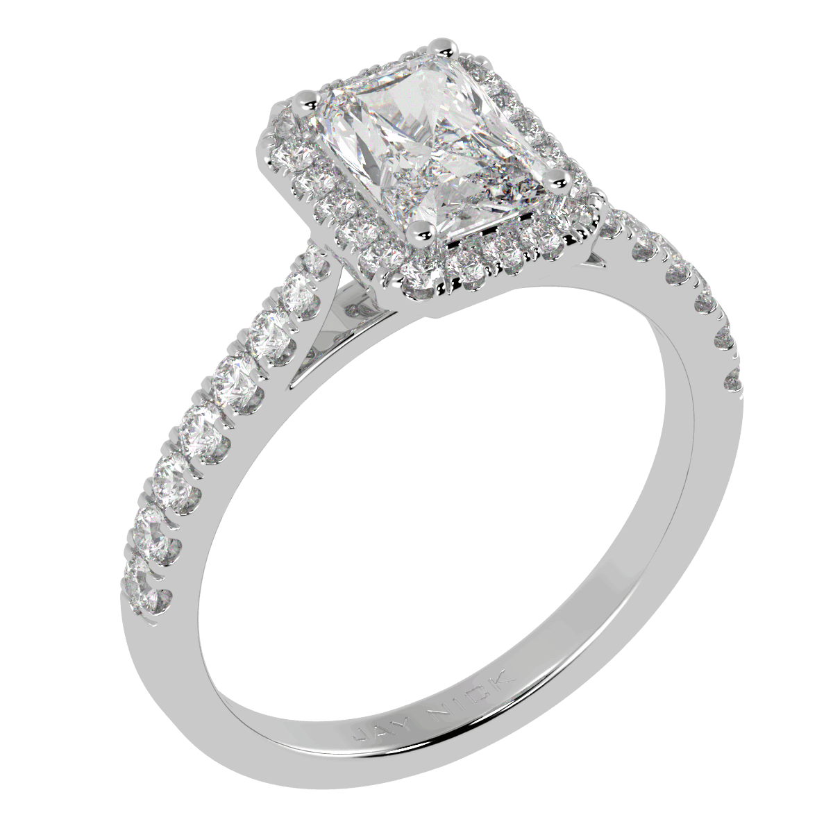 Classic Radiant Cut Halo Ring in white gold or platinum, perspective view