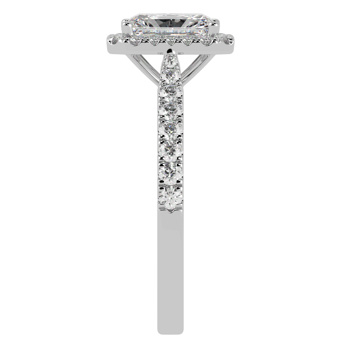 Classic Radiant Cut Halo Ring in white gold or platinum, side view