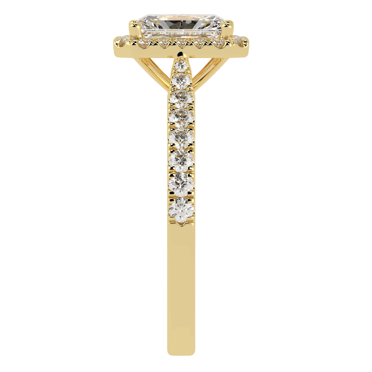 Classic Radiant Cut Halo Ring in yellow gold, side view