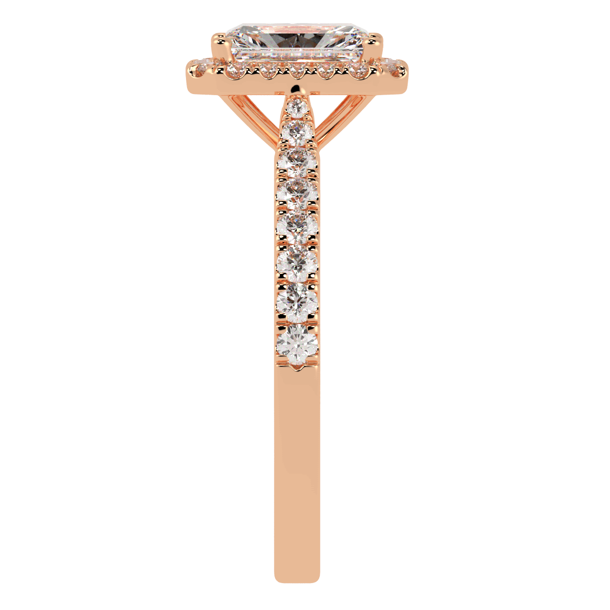 Classic Radiant Cut Halo Ring in rose gold, side view