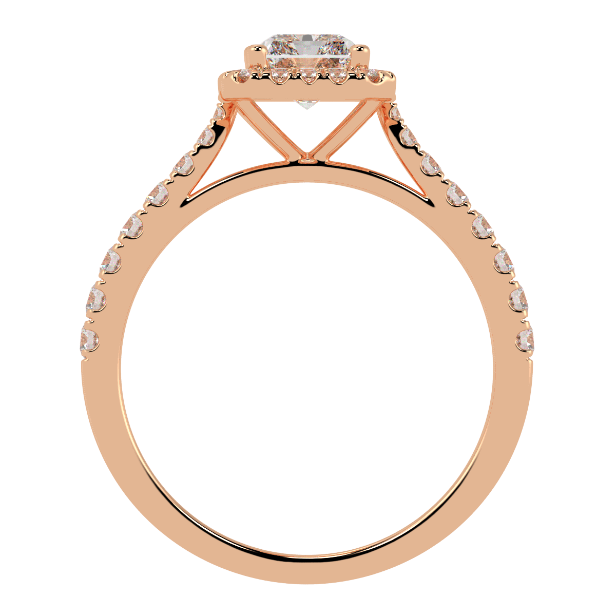 Classic Radiant Cut Halo Ring in rose gold, flat view