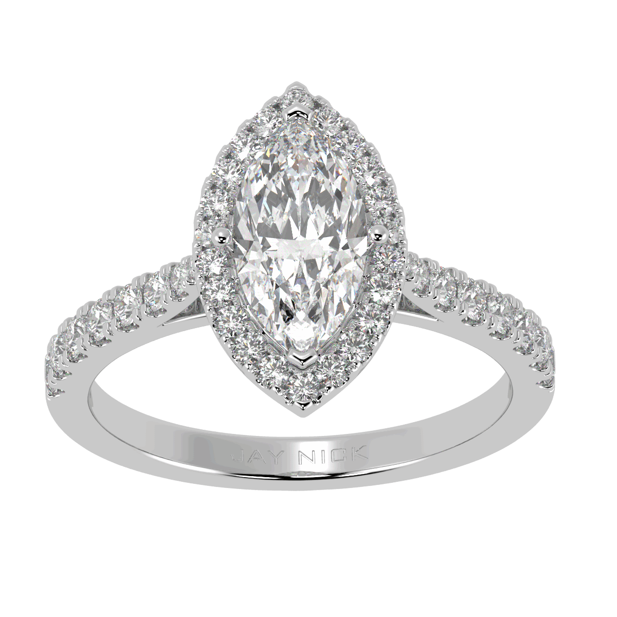 Classic Marquise Cut Halo Ring in white gold or platinum, top view