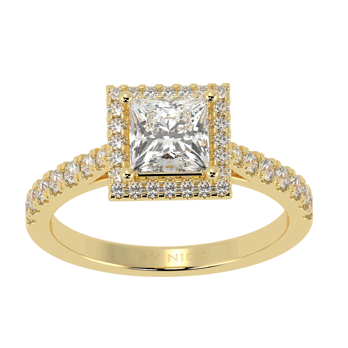 Classic Princess Cut Halo Ring in yellow gold, top view