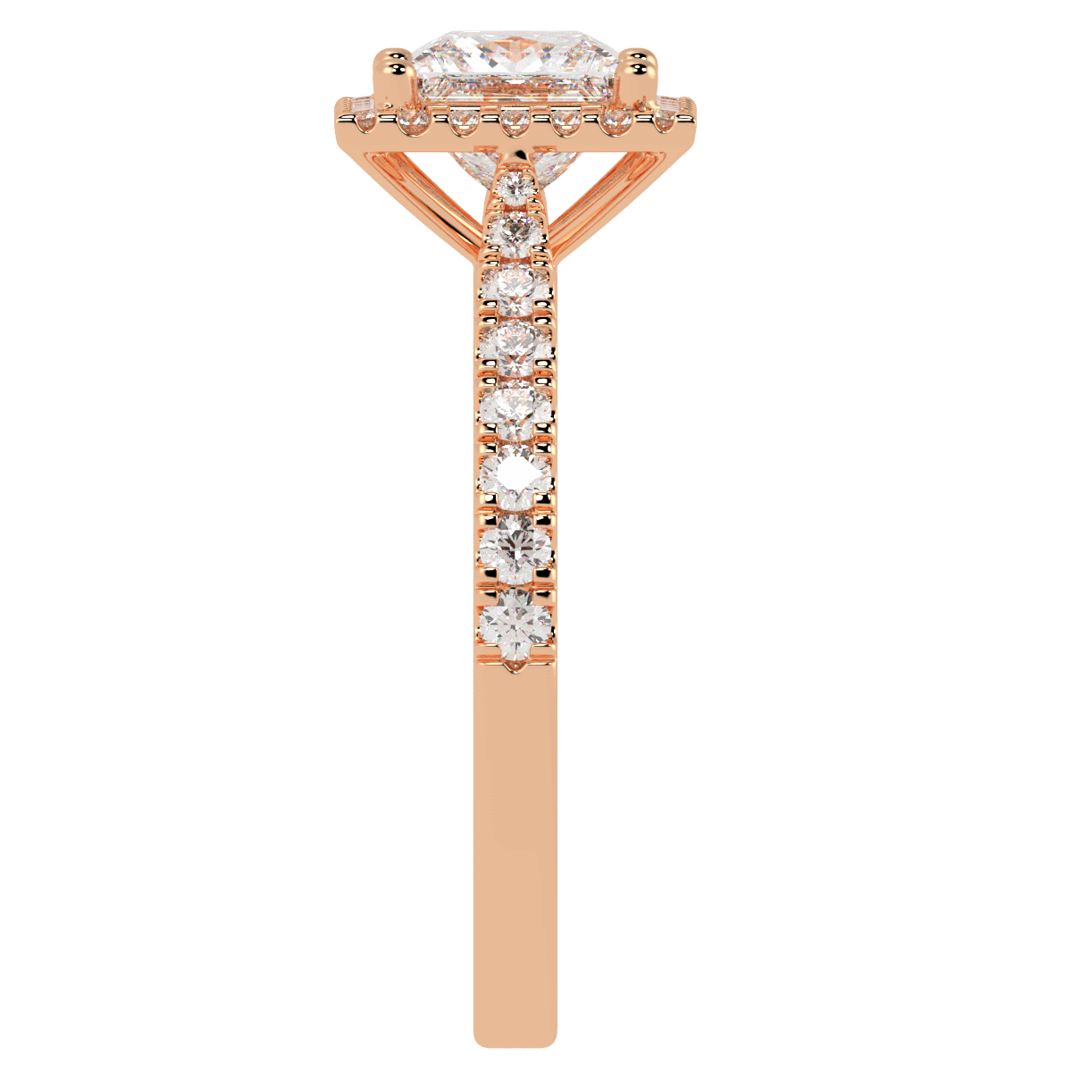Classic Princess Cut Halo Ring in rose gold, side view