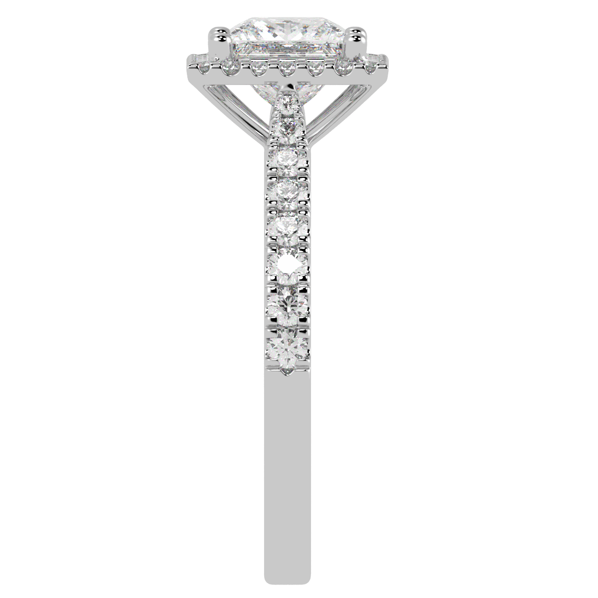 Classic Princess Cut Halo Ring in white gold or platinum, side view