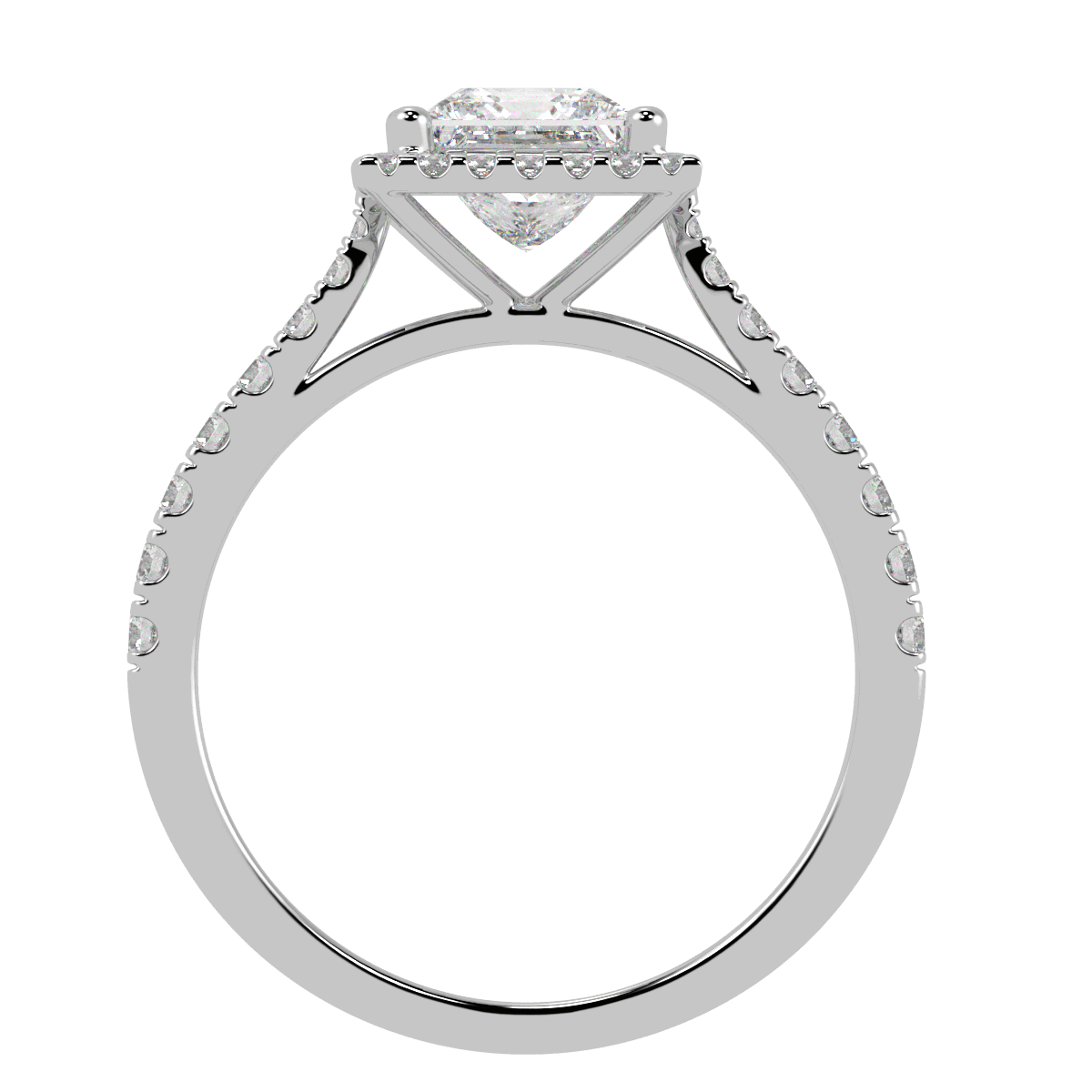 Classic Princess Cut Halo Ring in white gold or platinum, flat view