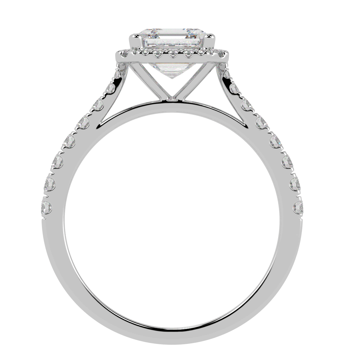 Classic Asscher Cut Halo Ring in white gold or platinum, flat view
