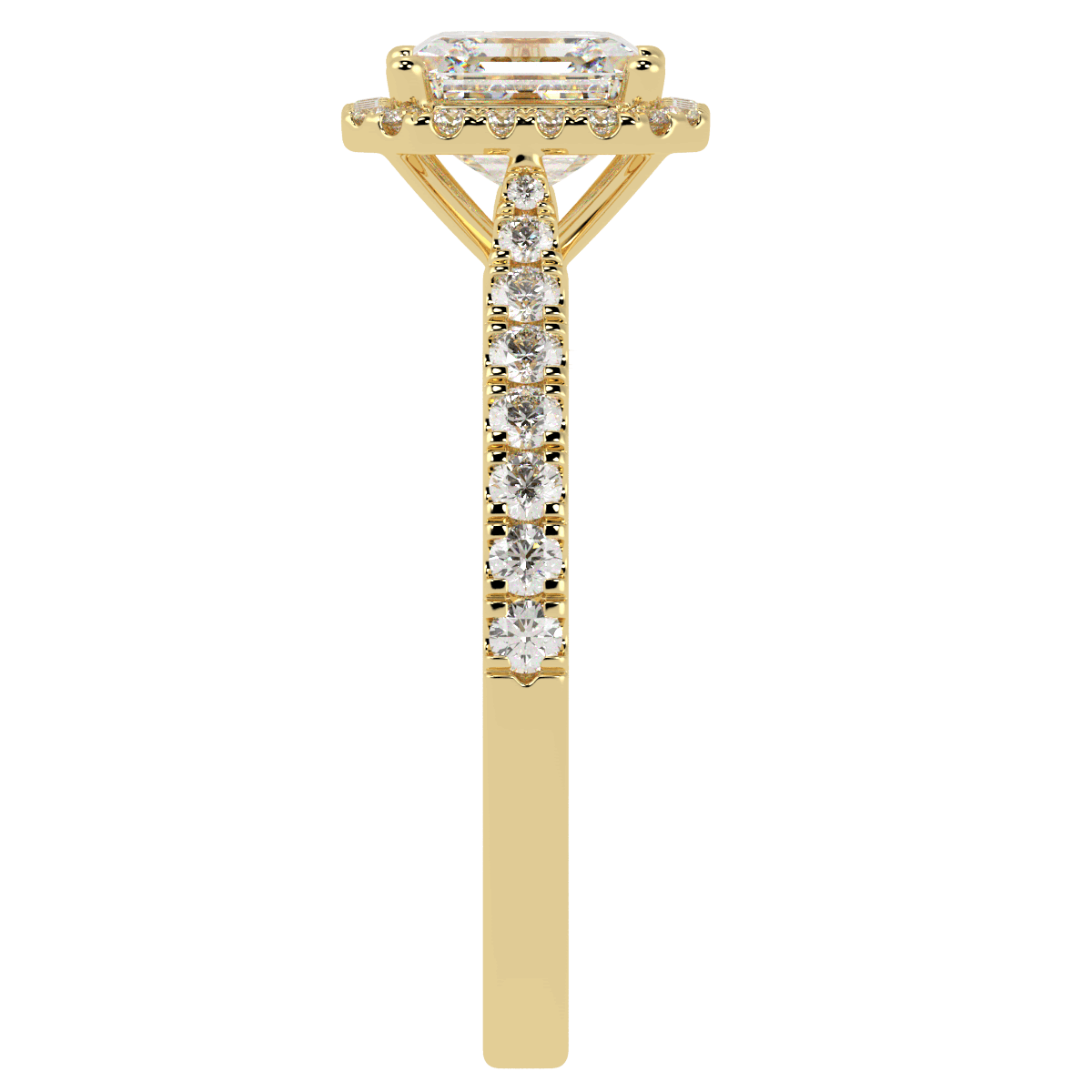 Classic Asscher Cut Halo Ring in yellow gold, side view