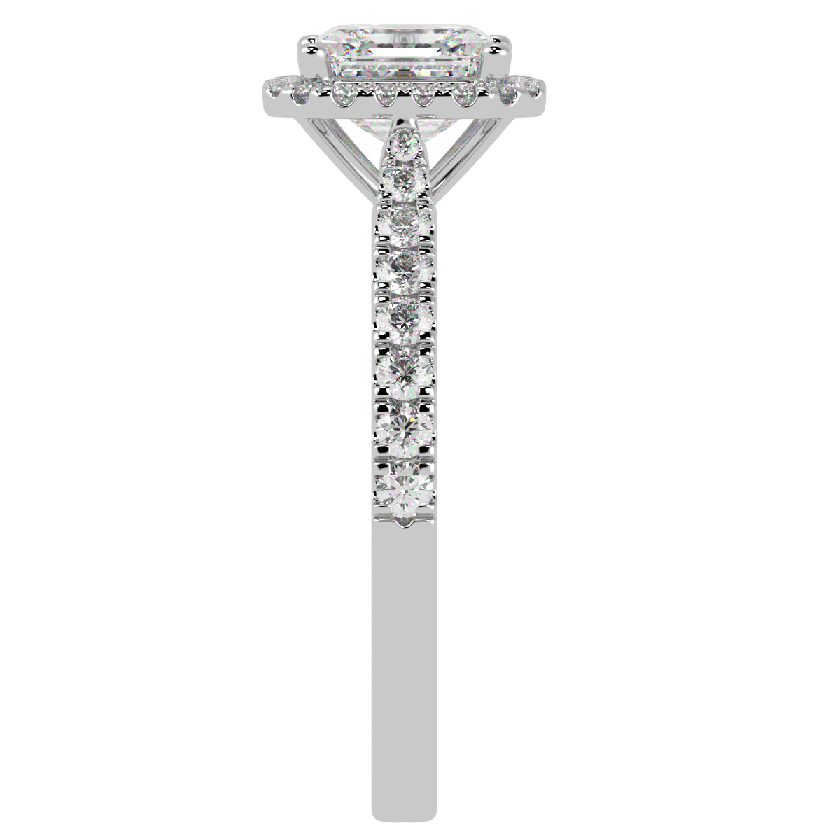 Classic Asscher Cut Halo Ring in white gold or platinum, side view