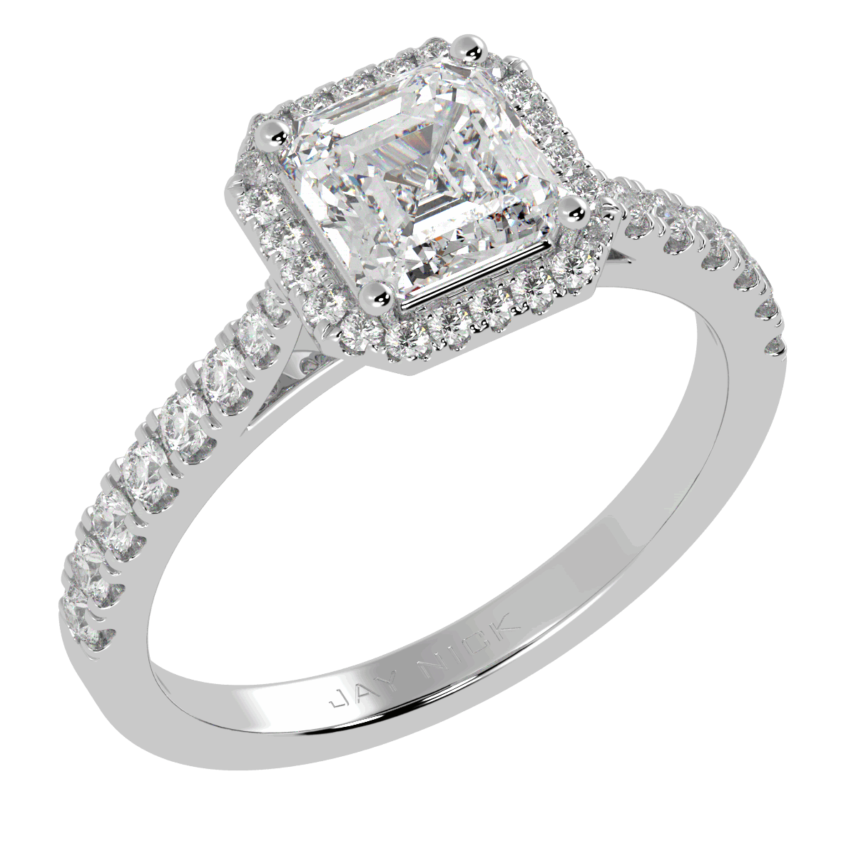Classic Asscher Cut Halo Ring in white gold or platinum, perspective view