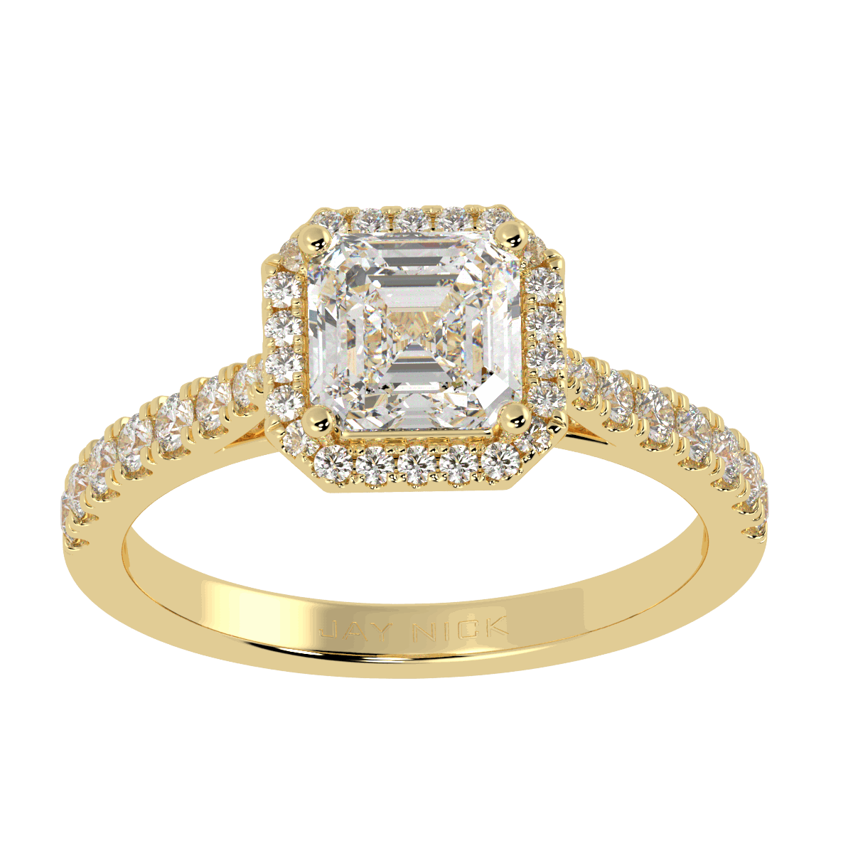 Classic Asscher Cut Halo Ring in yellow gold, top view