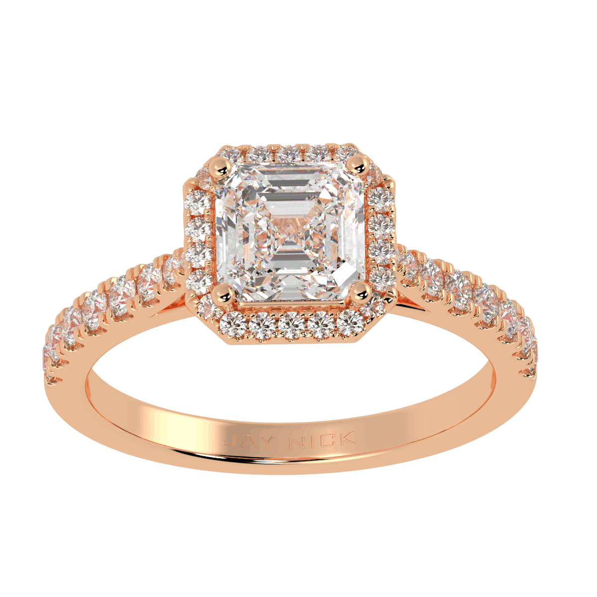 Classic Asscher Cut Halo Ring in rose gold, top view