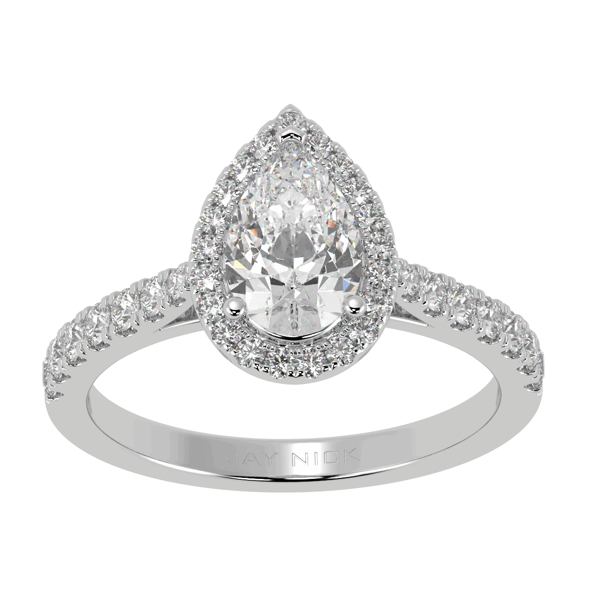 Classic Pear Cut Halo Ring in white gold or platinum, top view