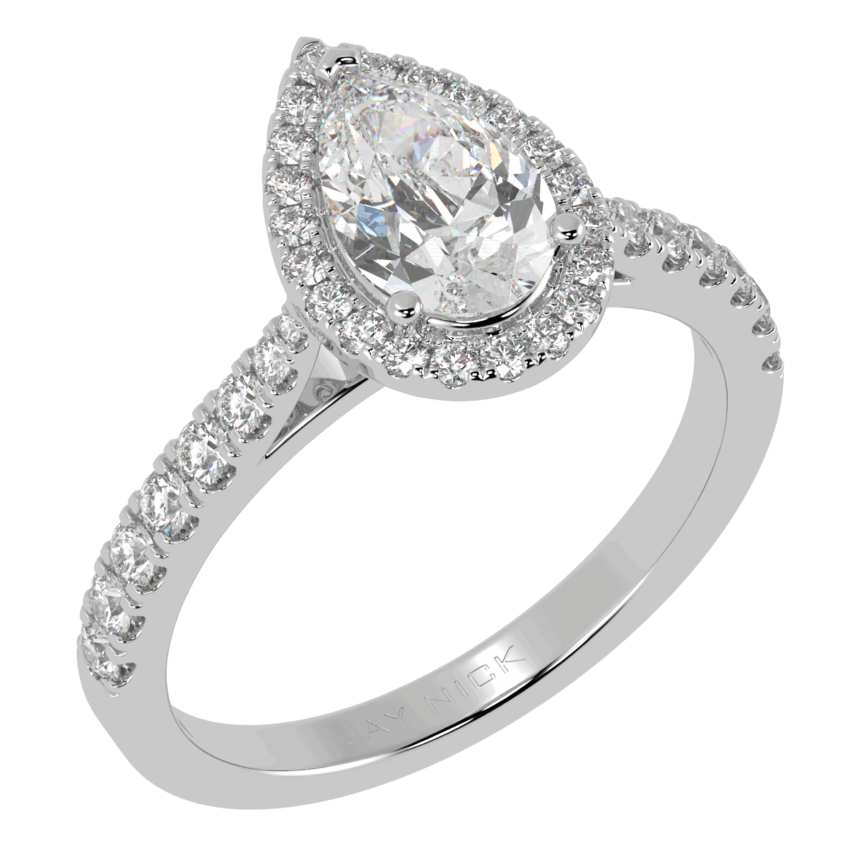 Classic Pear Cut Halo Ring in white gold or platinum, perspective view