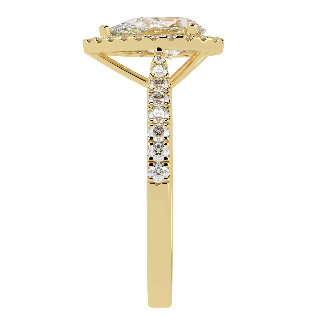Classic Pear Cut Halo Ring in yellow gold, side view