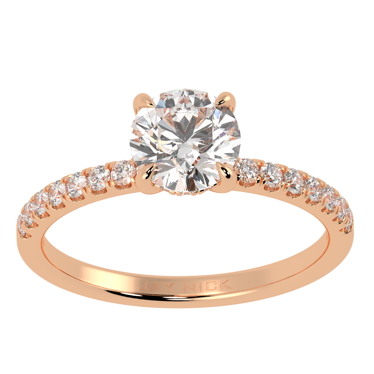 Round Cut Studded Hidden Halo Ring in rose gold, top view