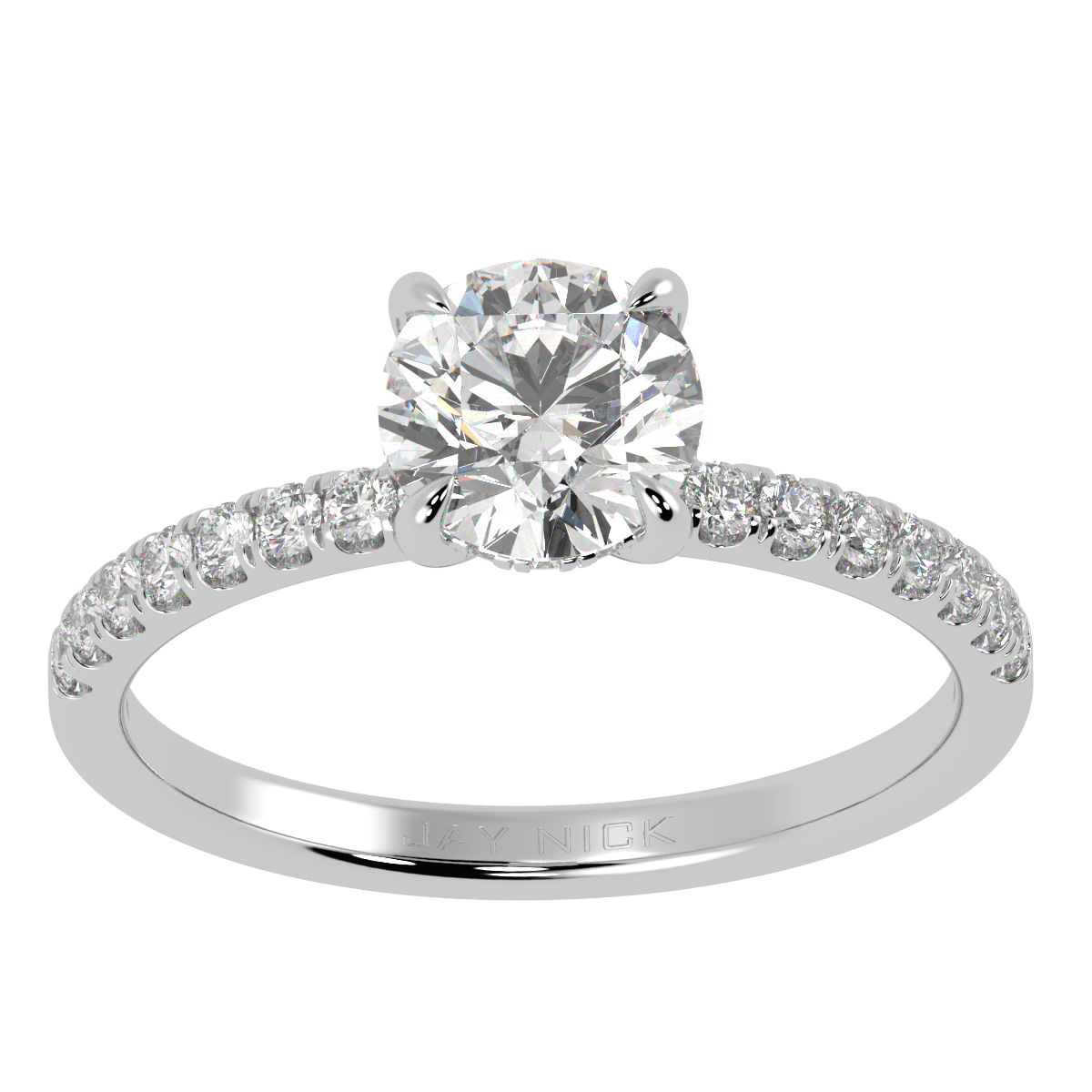 Round Cut Studded Hidden Halo Ring in white gold or platinum, top view