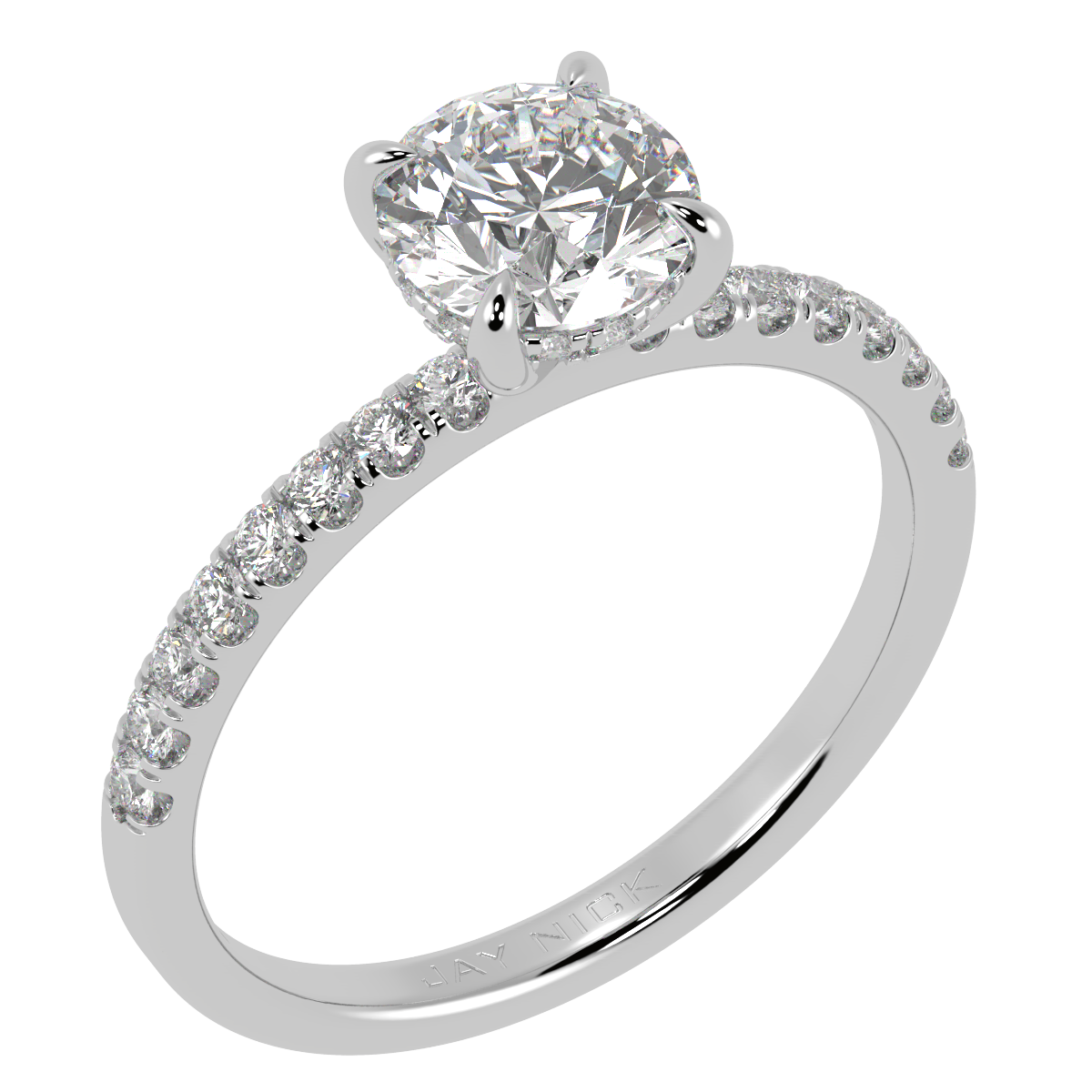 Round Cut Studded Hidden Halo Ring in white gold or platinum, perspective view