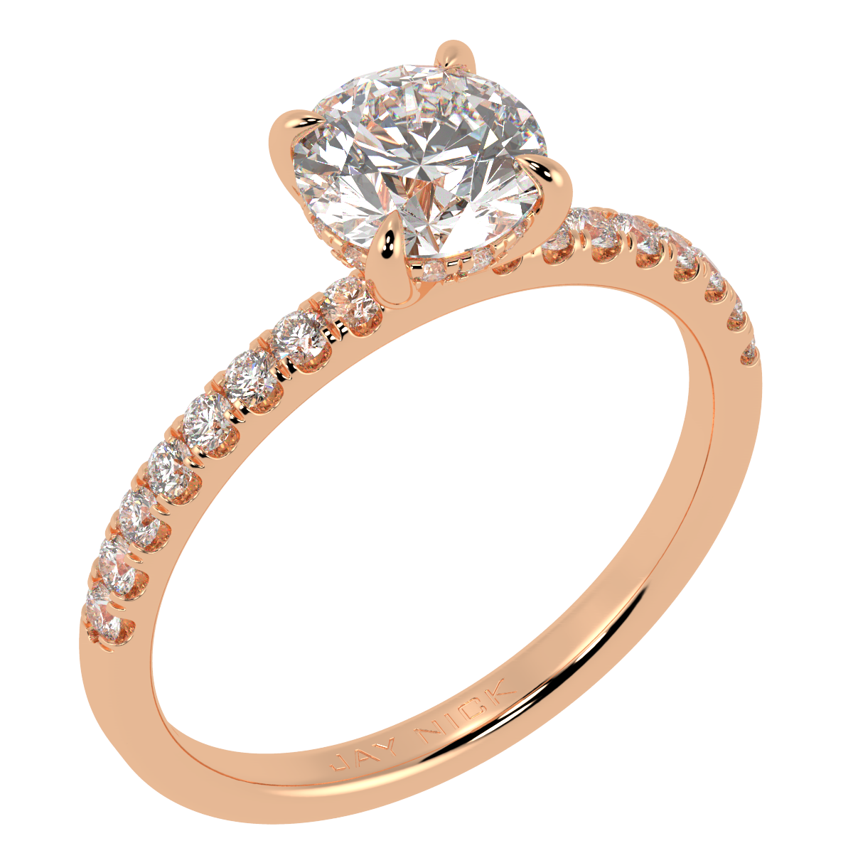 Round Cut Studded Hidden Halo Ring in rose gold, perspective view