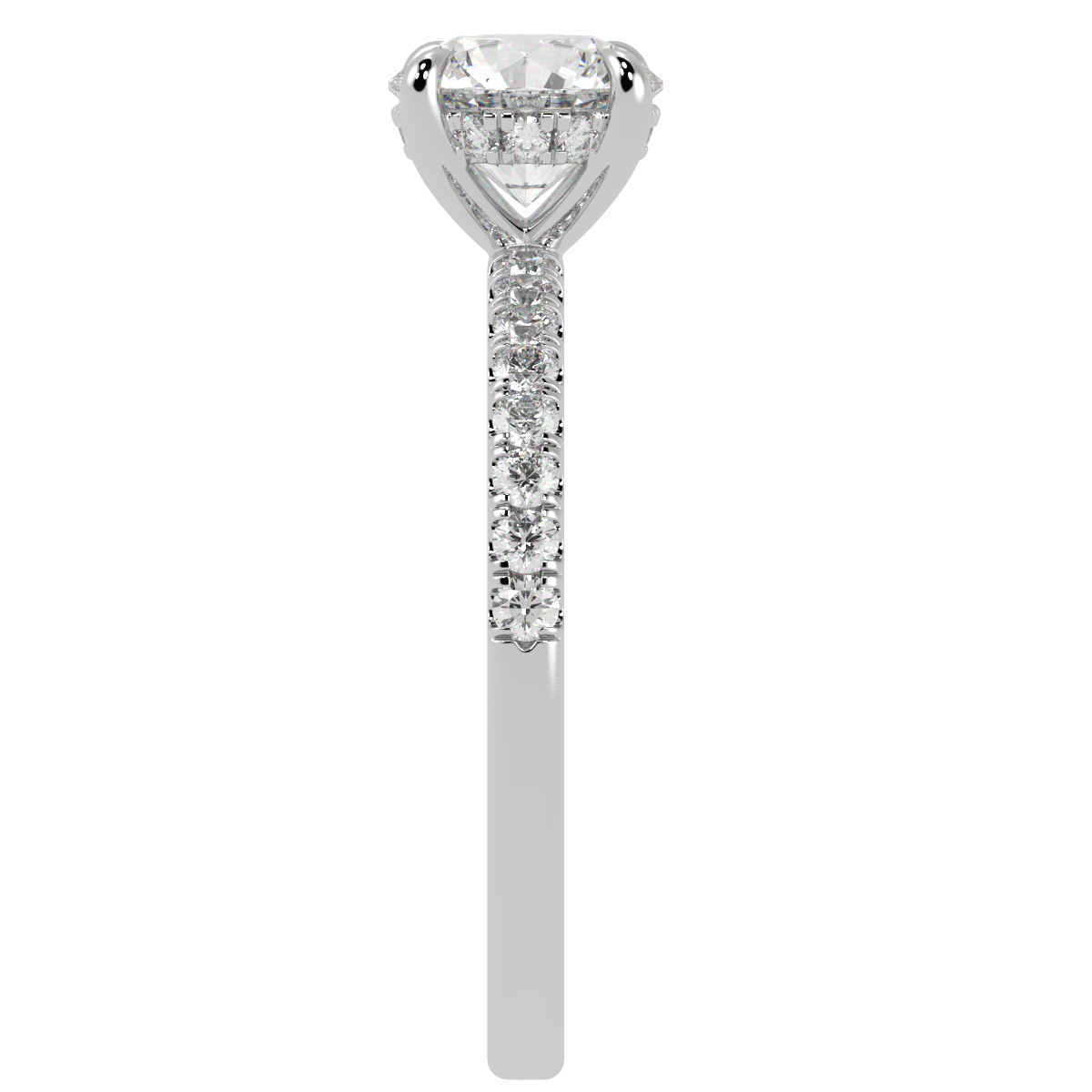 Round Cut Studded Hidden Halo Ring in white gold or platinum, side view