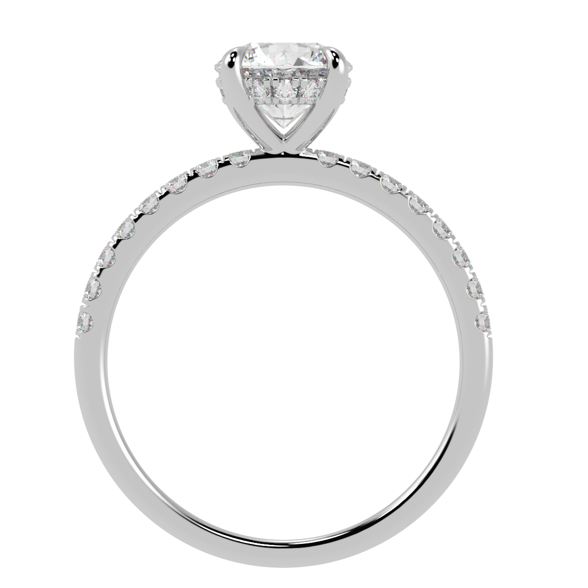 Round Cut Studded Hidden Halo Ring in white gold or platinum, flat view