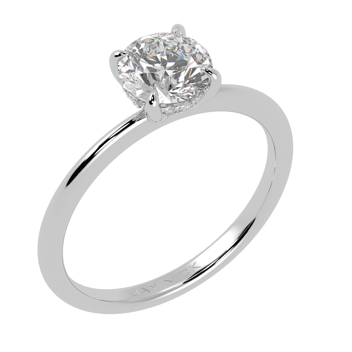 Round Cut Hidden Halo Ring in white gold or platinum, perspective view