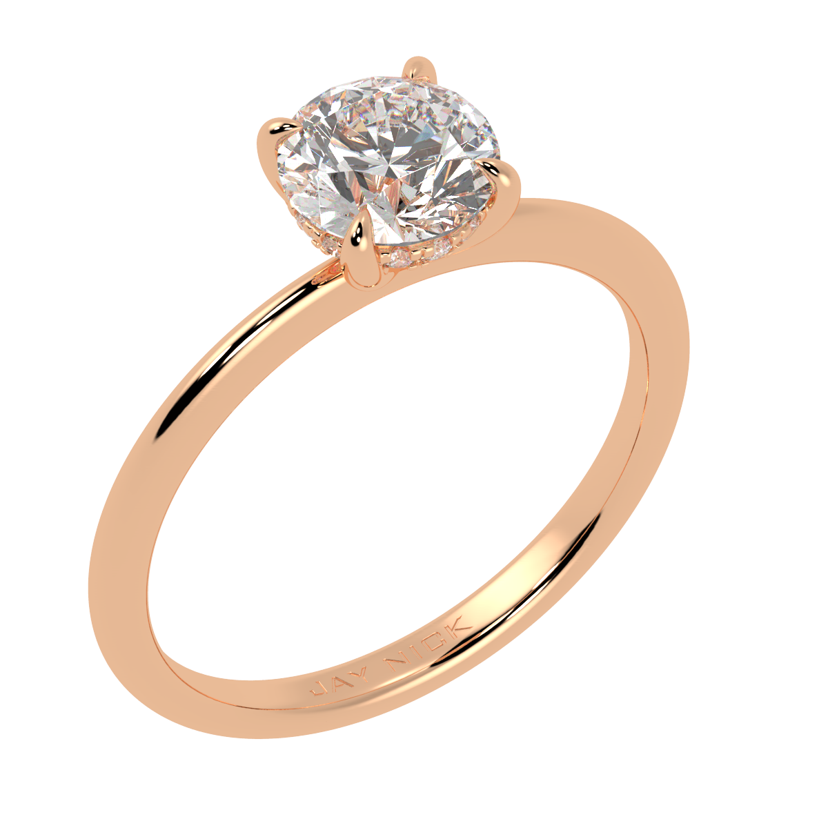 Round Cut Hidden Halo Ring in rose gold, perspective view