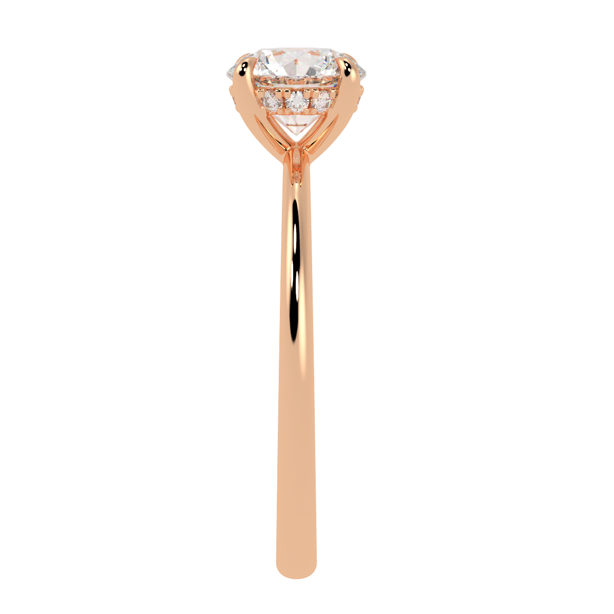 Round Cut Hidden Halo Ring in rose gold, side view