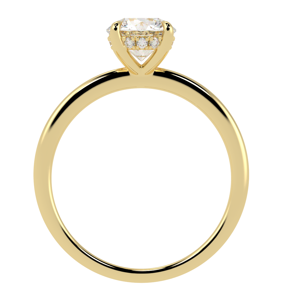 Round Cut Hidden Halo Ring in yellow gold, flat view