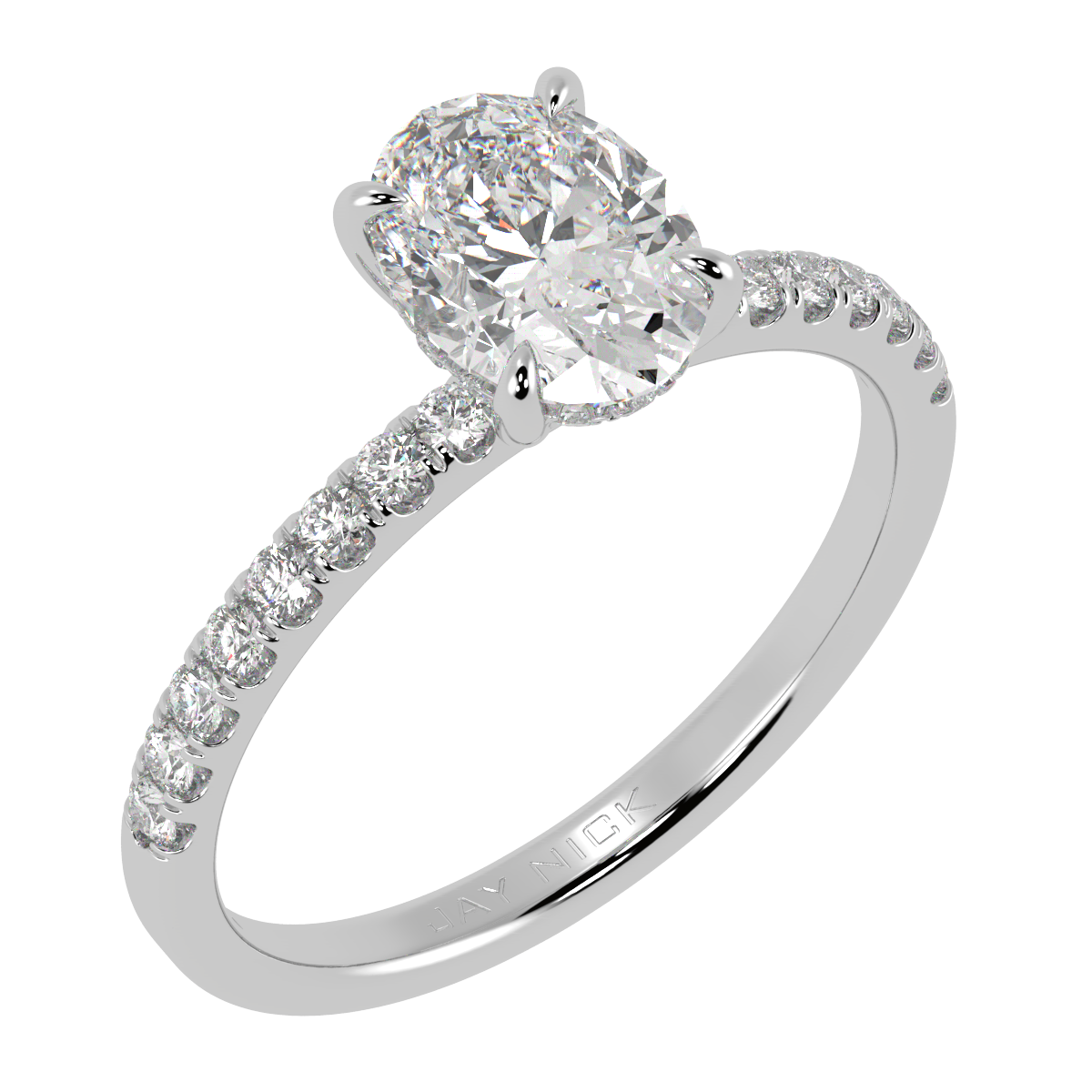 Oval Cut Studded Hidden Halo Ring in white gold or platinum, perspective view