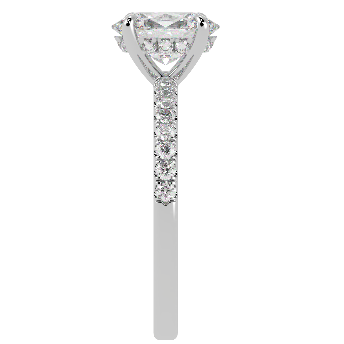 Oval Cut Studded Hidden Halo Ring in white gold or platinum, side view