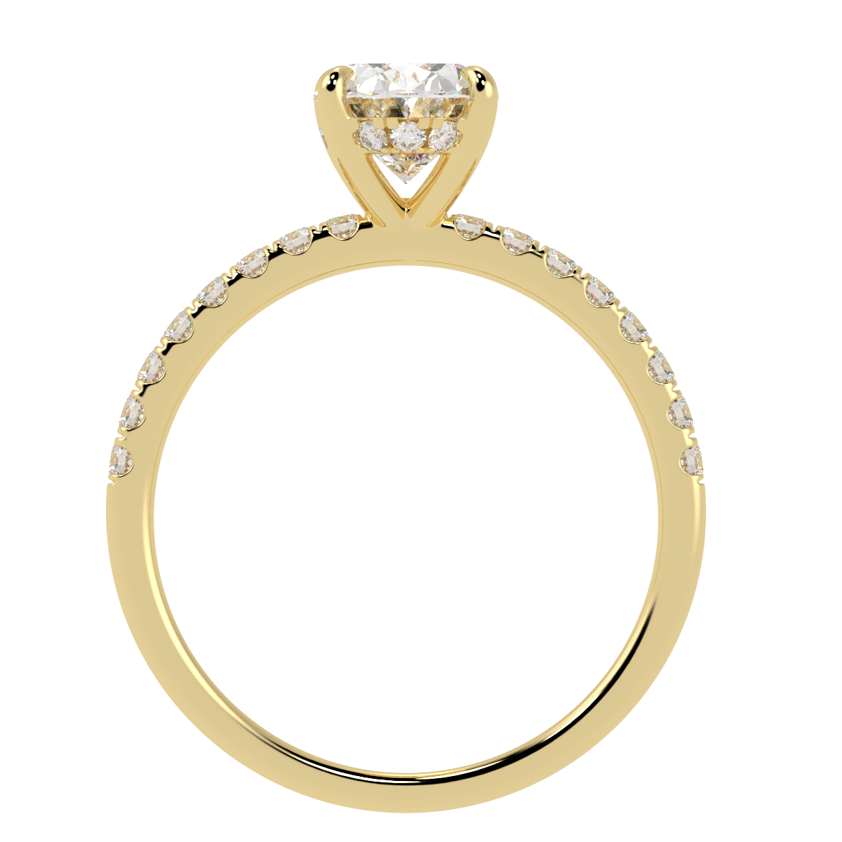 Oval Cut Studded Hidden Halo Ring in yellow gold, flat view