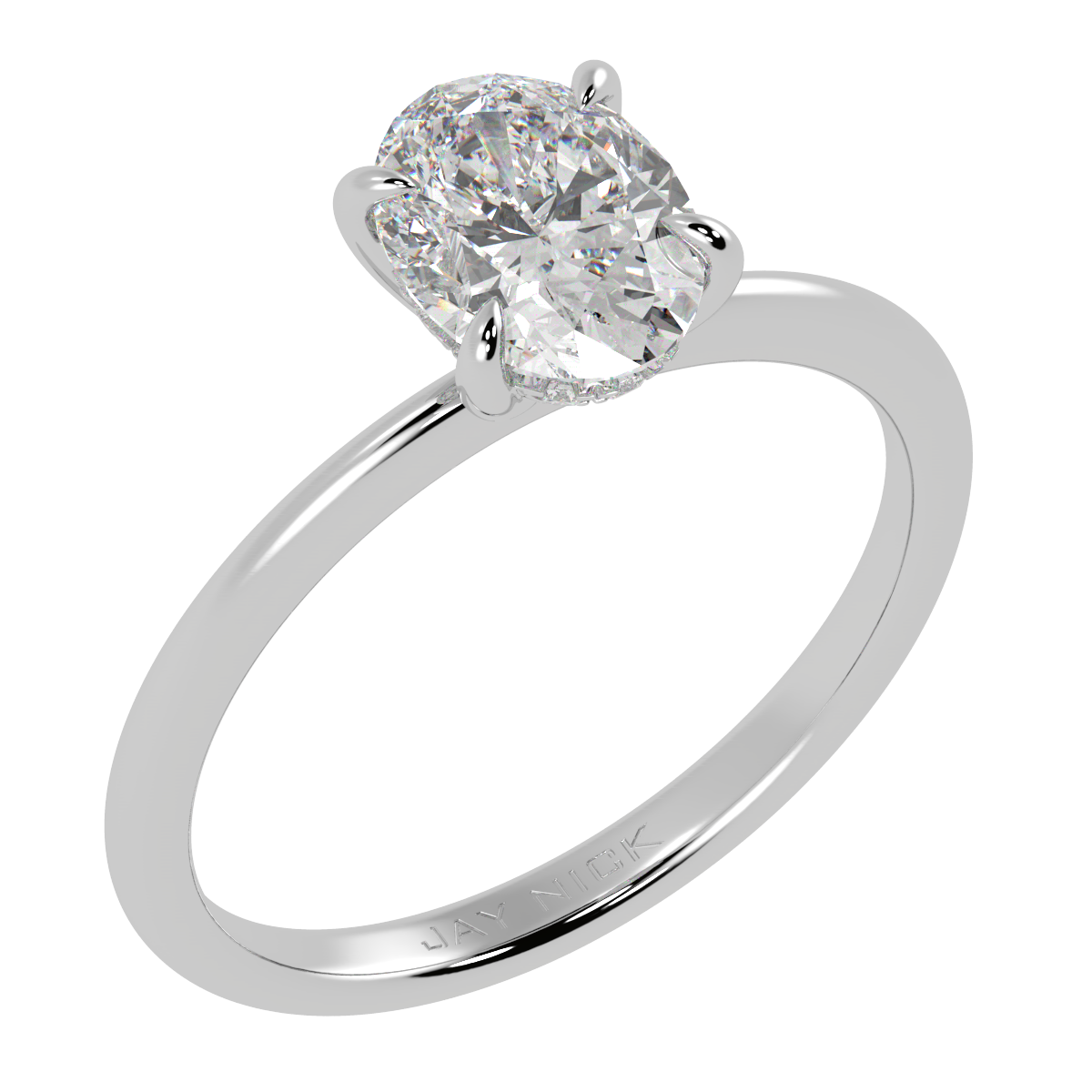 Oval Cut Hidden Halo Ring in white gold or platinum, perspective view