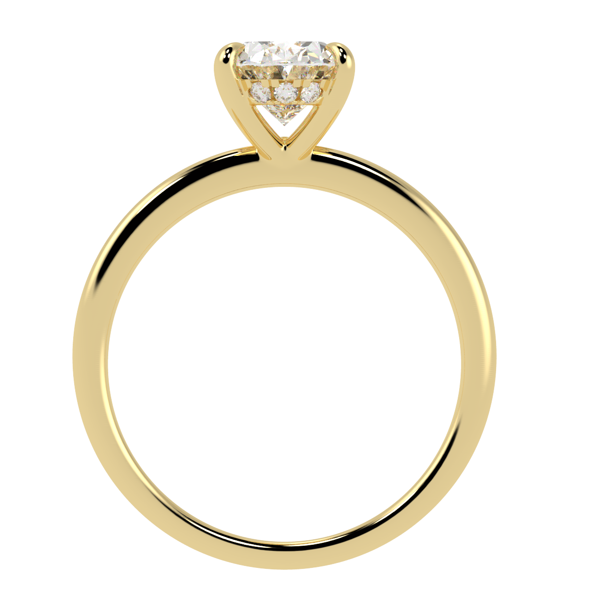 Oval Cut Hidden Halo Ring in yellow gold, flat view