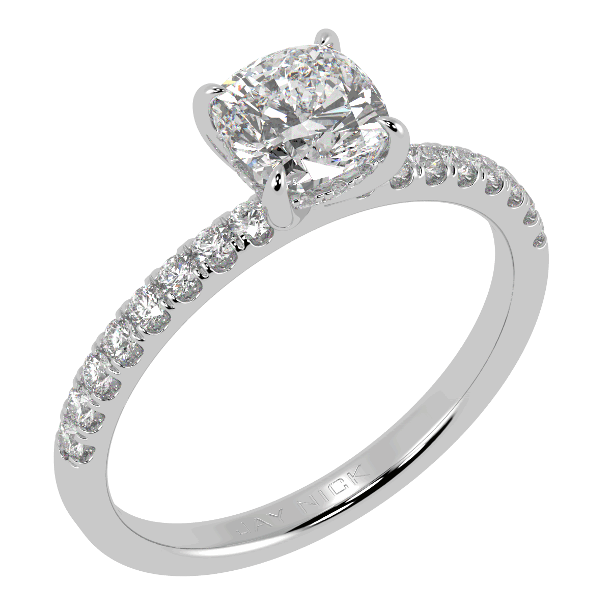 Cushion Cut Studded Hidden Halo Ring in white gold or platinum, perspective view