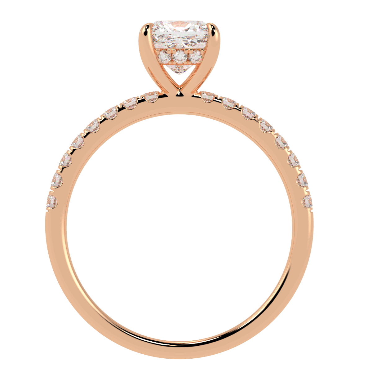Cushion Cut Studded Hidden Halo Ring in rose gold, flat view