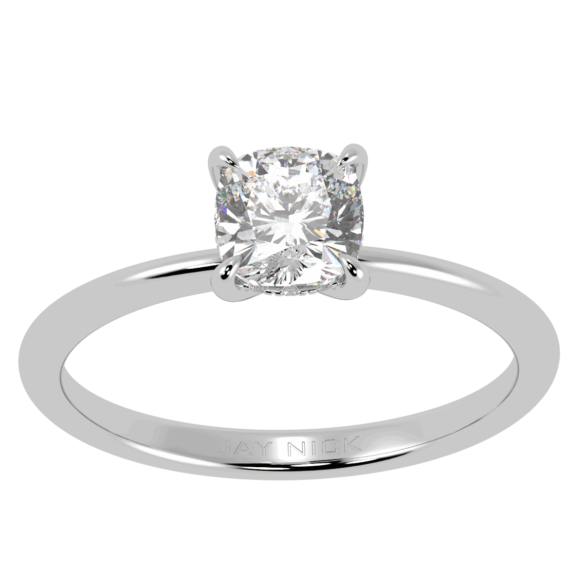 Cushion Cut Hidden Halo Ring in white gold or platinum, top view