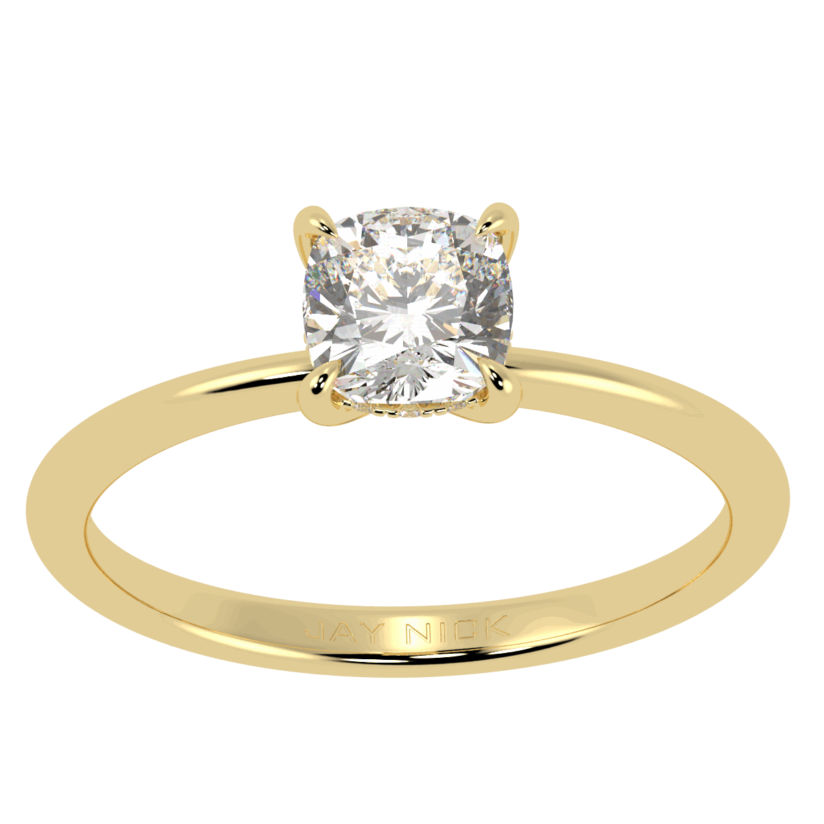 Cushion Cut Hidden Halo Ring in yellow gold, top view