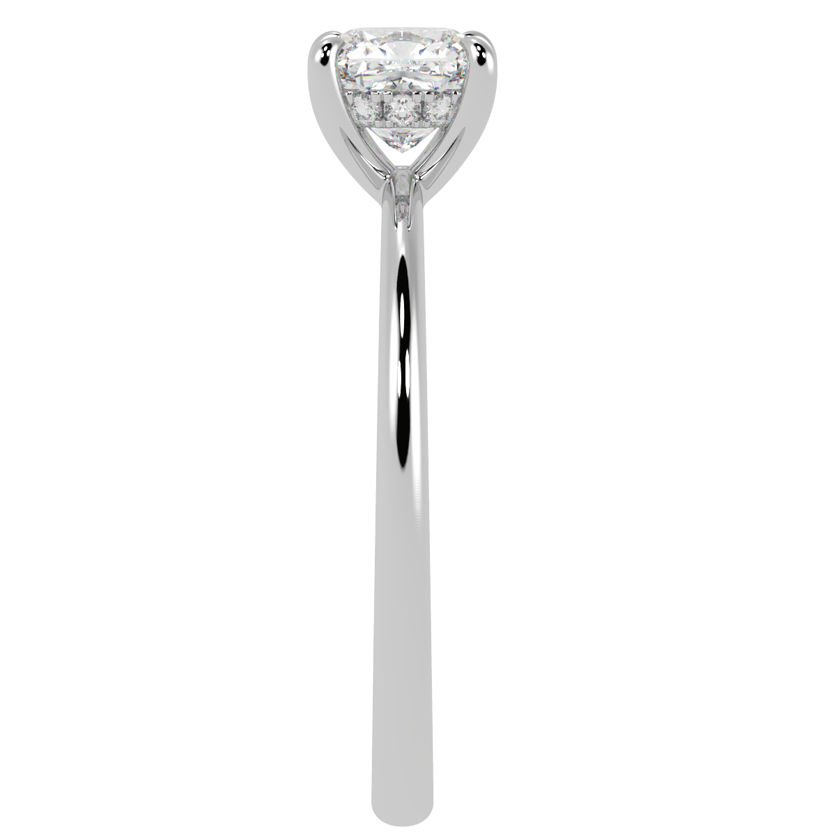 Cushion Cut Hidden Halo Ring in white gold or platinum, side view