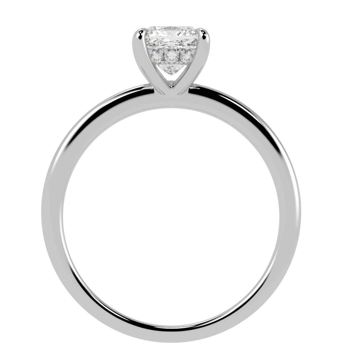 Cushion Cut Hidden Halo Ring in white gold or platinum, flat view
