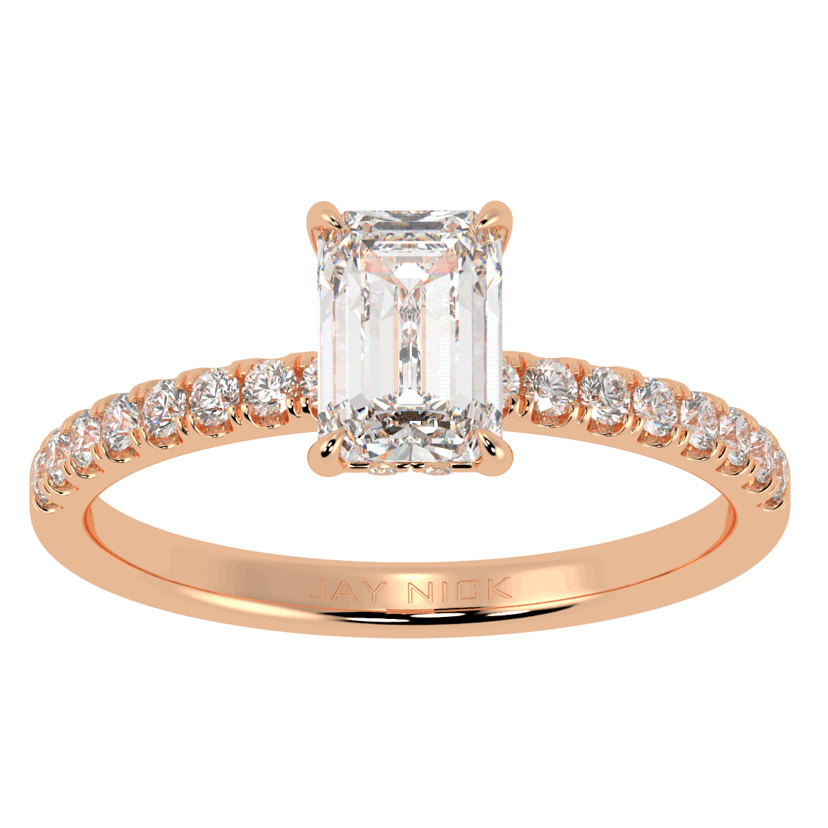 Emerald Cut Studded Hidden Halo Ring in rose gold, top view