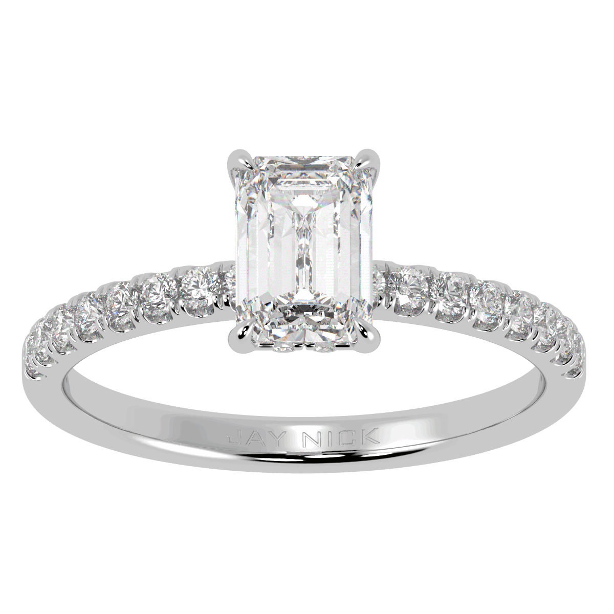 Emerald Cut Studded Hidden Halo Ring in white gold or platinum, top view