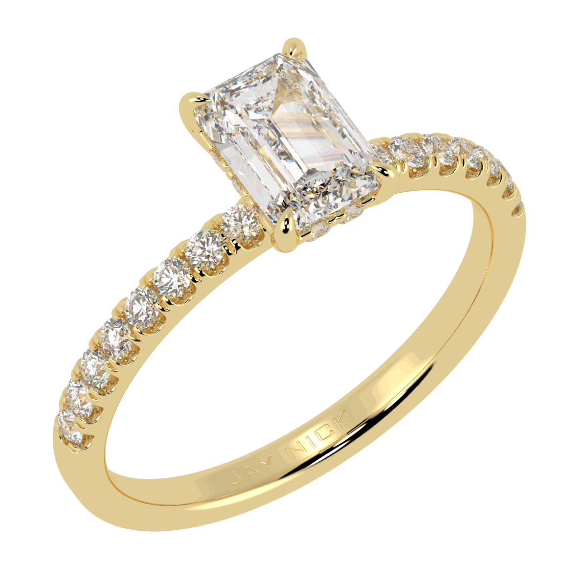 Emerald Cut Studded Hidden Halo Ring in yellow gold, perspective view