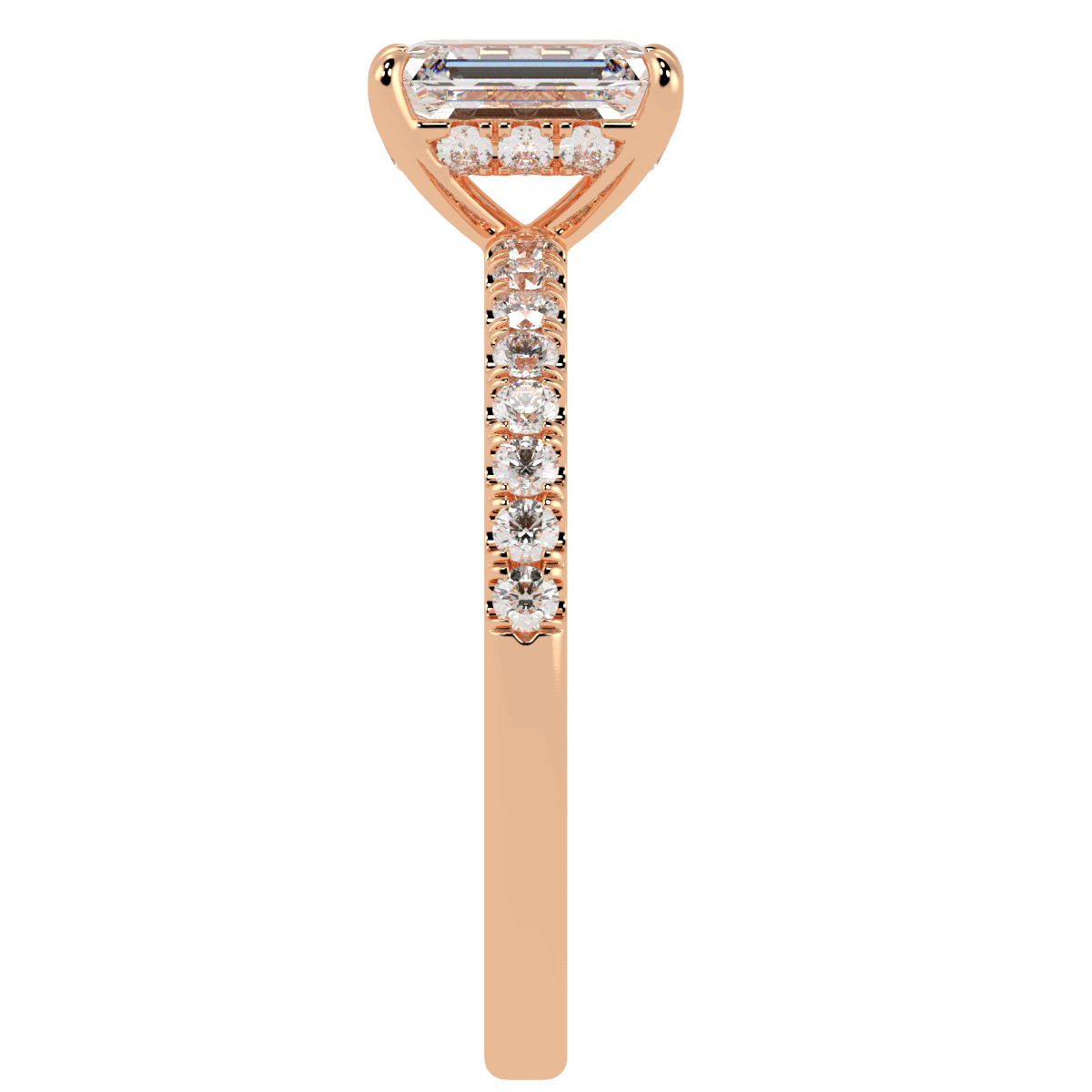 Emerald Cut Studded Hidden Halo Ring in rose gold, side view