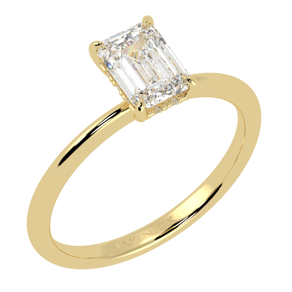Emerald Cut Hidden Halo Ring in yellow gold, perspective view