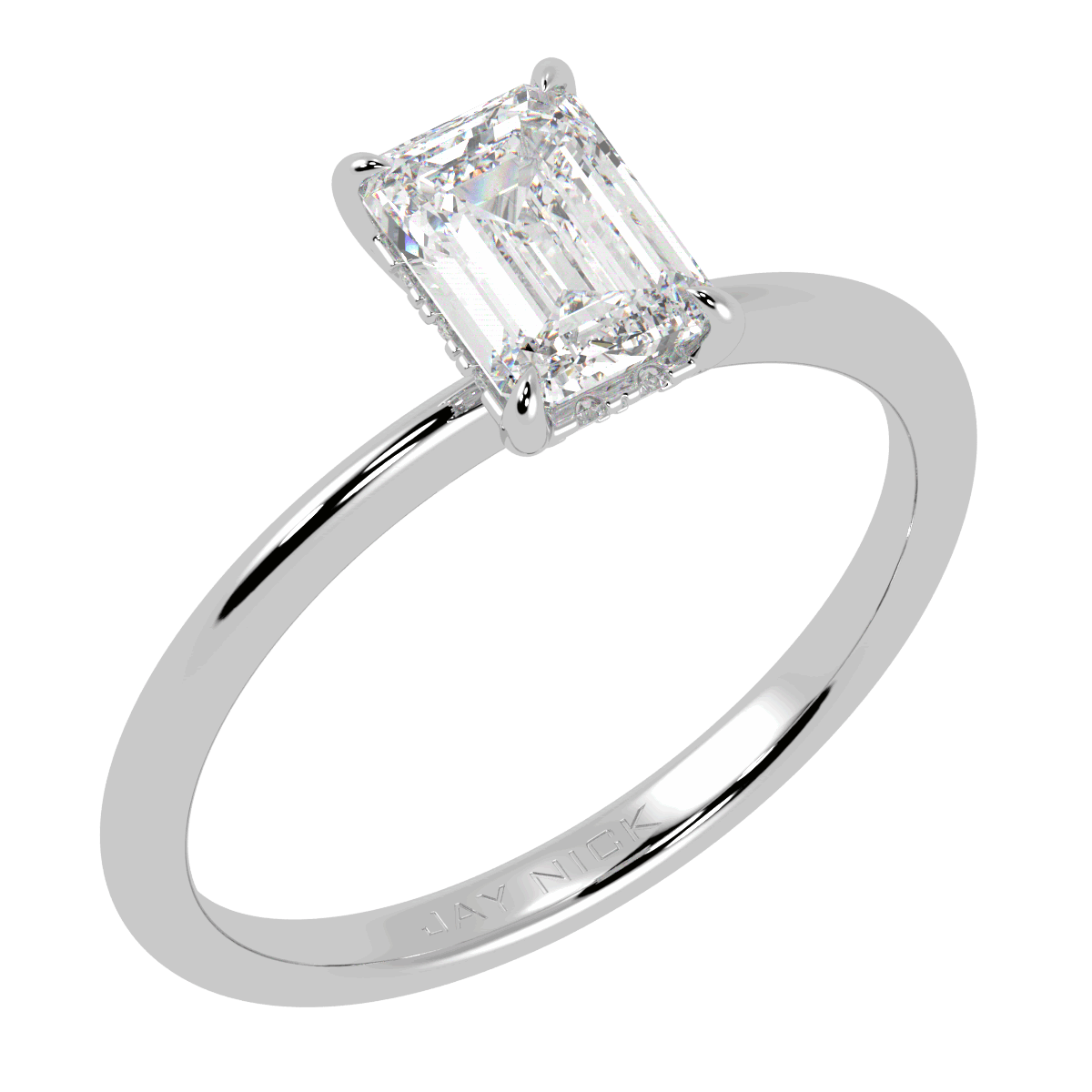 Emerald Cut Hidden Halo Ring in white gold or platinum, perspective view