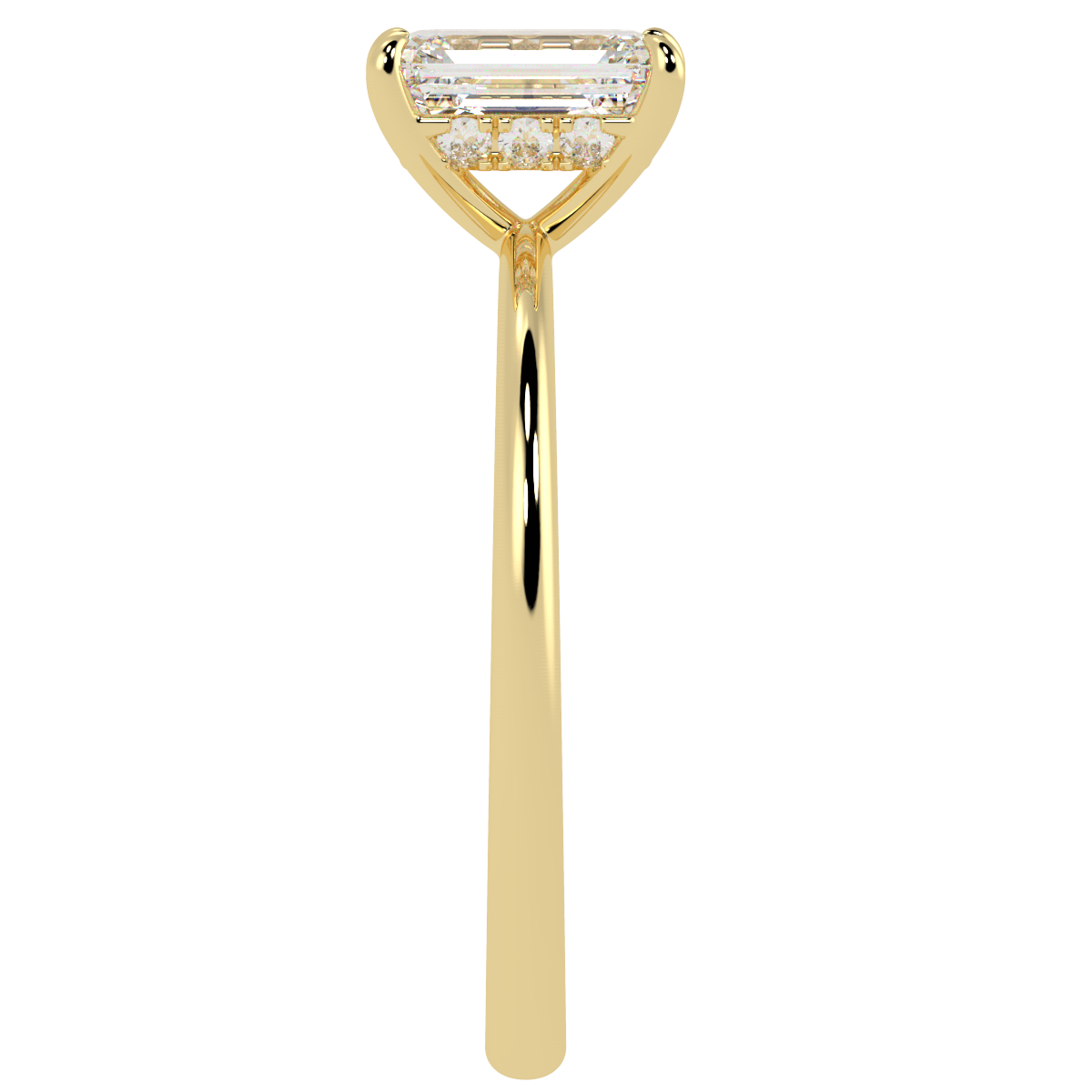 Emerald Cut Hidden Halo Ring in yellow gold, side view