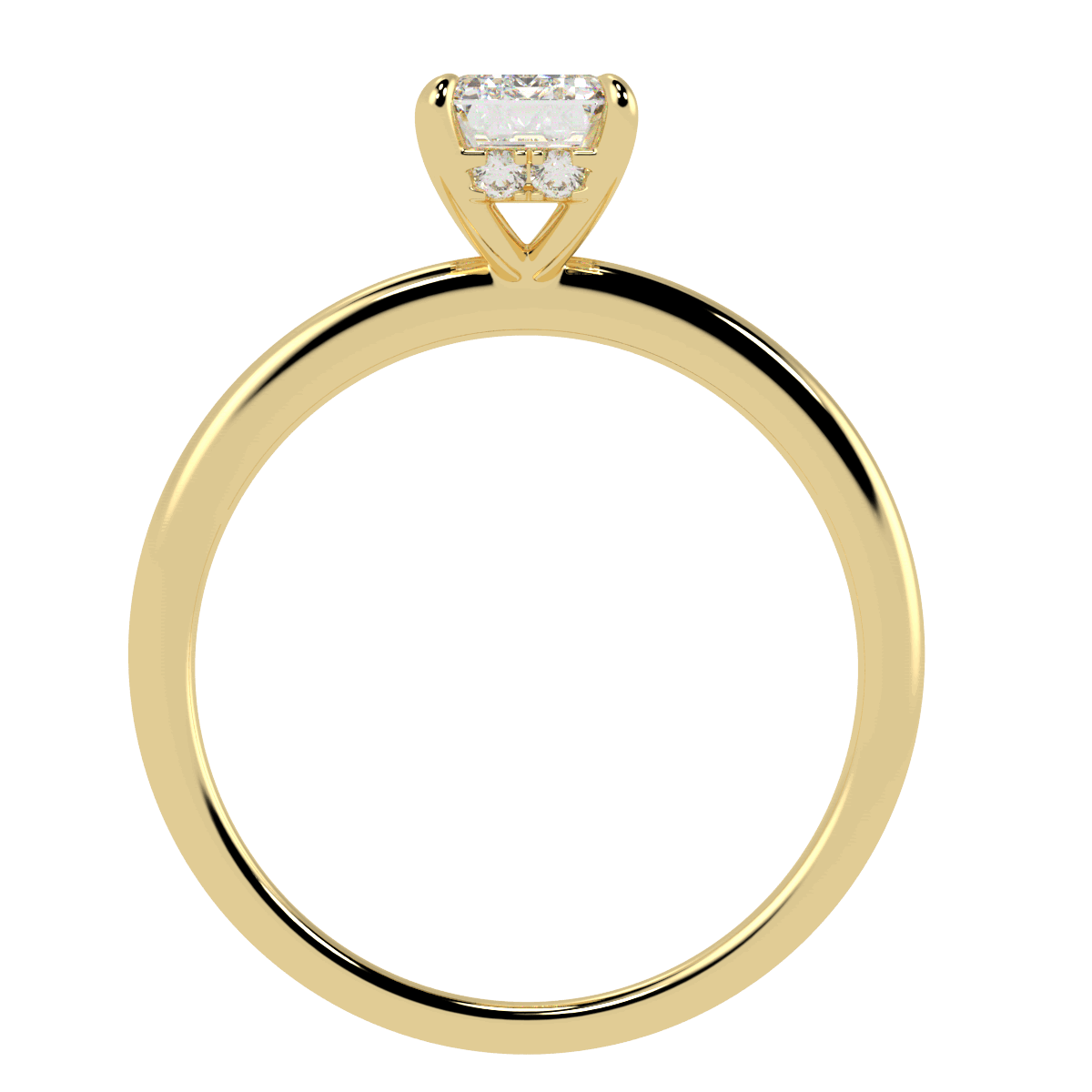 Emerald Cut Hidden Halo Ring in yellow gold, flat view