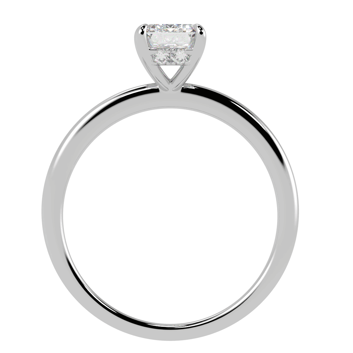 Emerald Cut Hidden Halo Ring in white gold or platinum, flat view